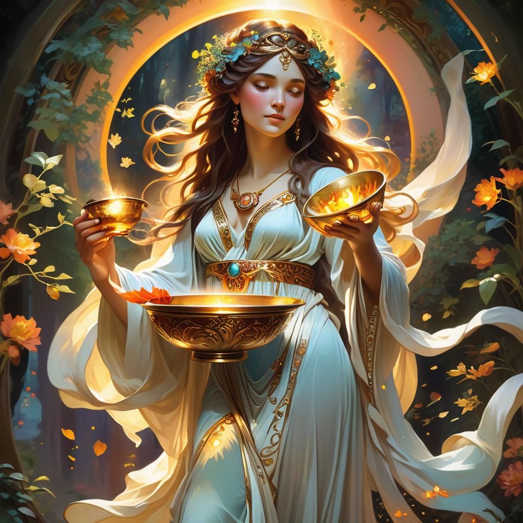 Goddess with Sacred Bowl in Art Nouveau Style