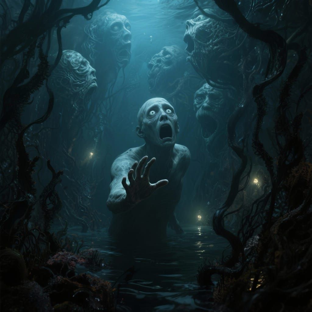 Eerie Underwater Abyss with Twisted Figures in Dark Fantasy ...