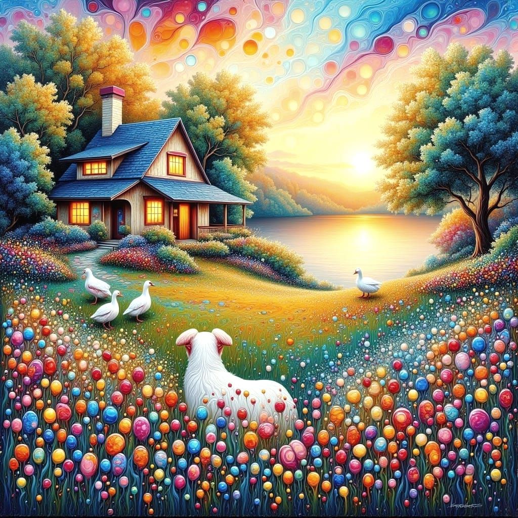 Impressionistic Summer Scene with Wildflowers and Cottage at...