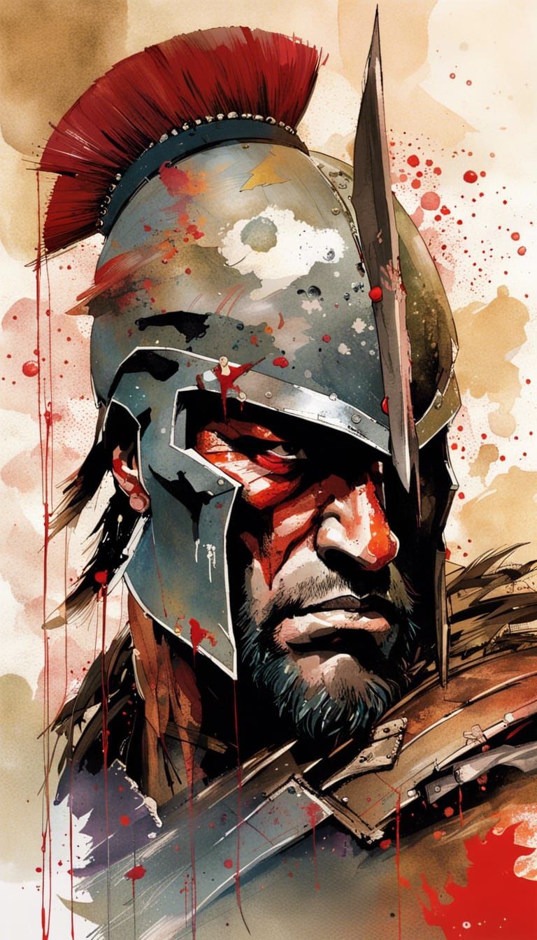Sinister Gouache Portrait of a Powerful Spartan Warrior