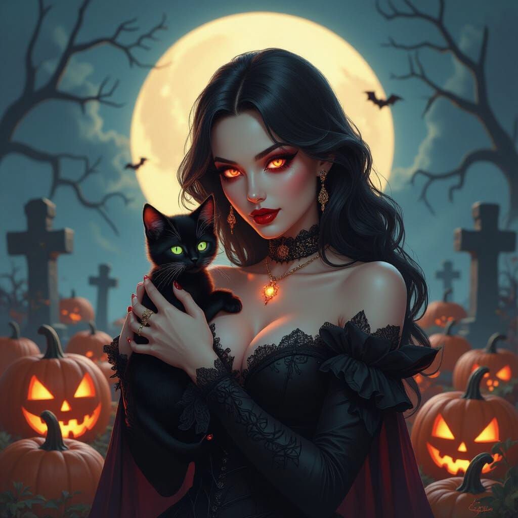 Vampire Woman With Black Kitten in Moonlit Graveyard