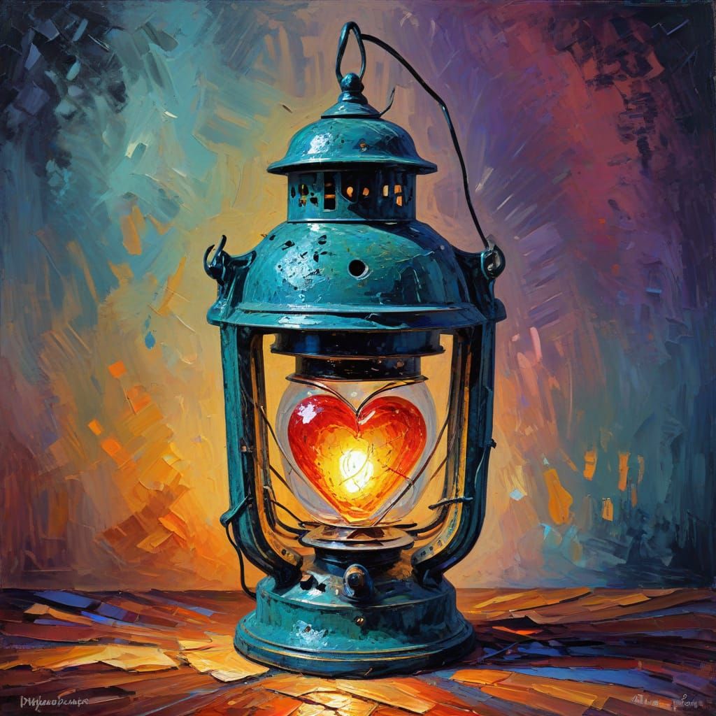 Expressive Heart-Shaped Lantern in Neo-Impressionist Oil Pai...