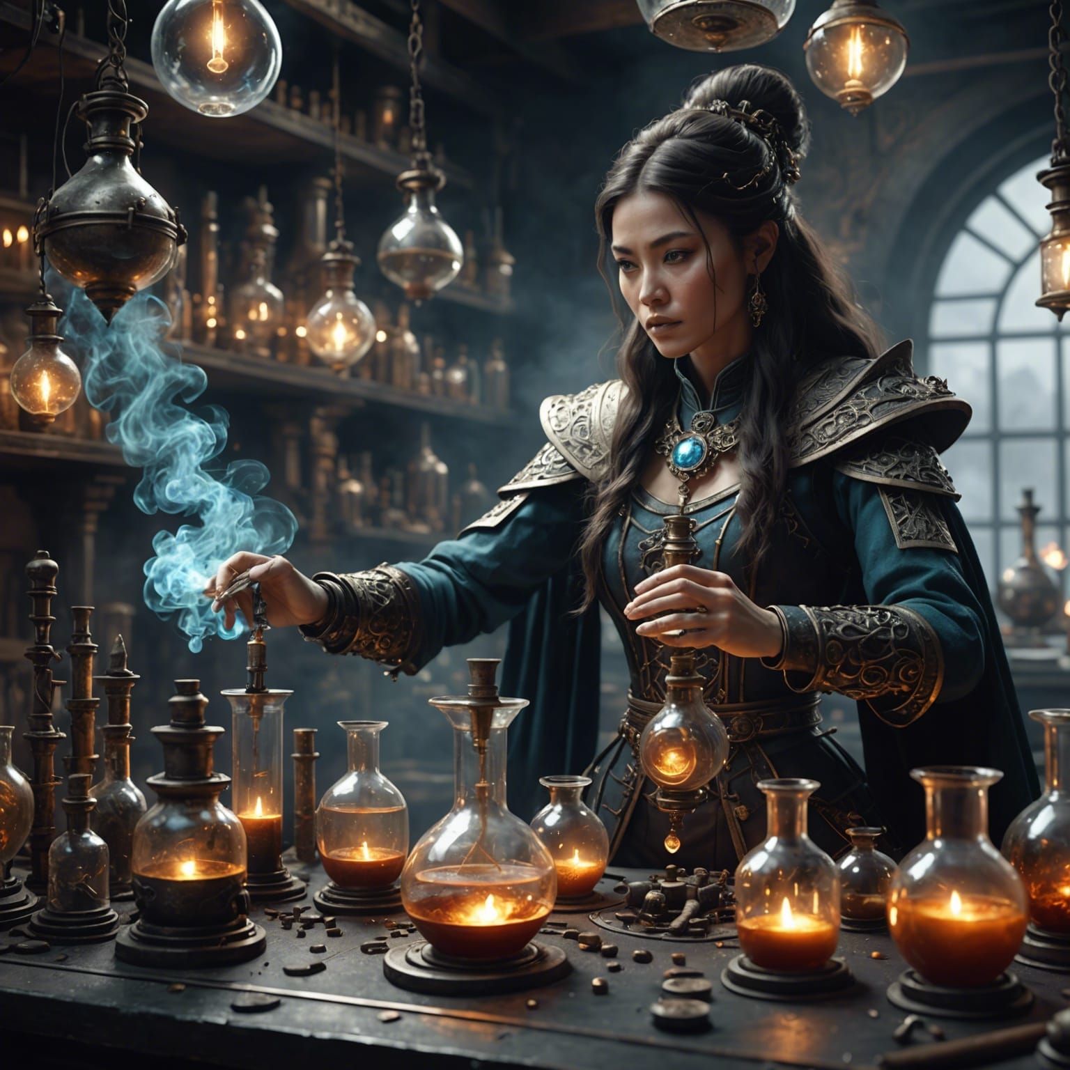 Oriental Alchemist Conjuring Spirits in Laboratory