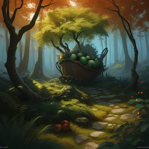Enchanted Forest Orchard in Rich, Detailed Fantasy Style
