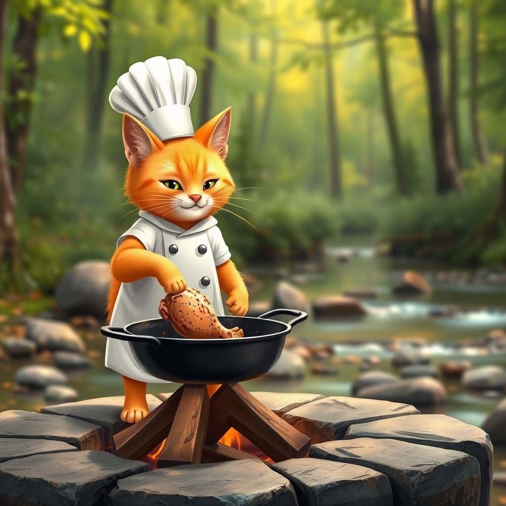 Orange Cat Chef Cooks Chicken in Forest