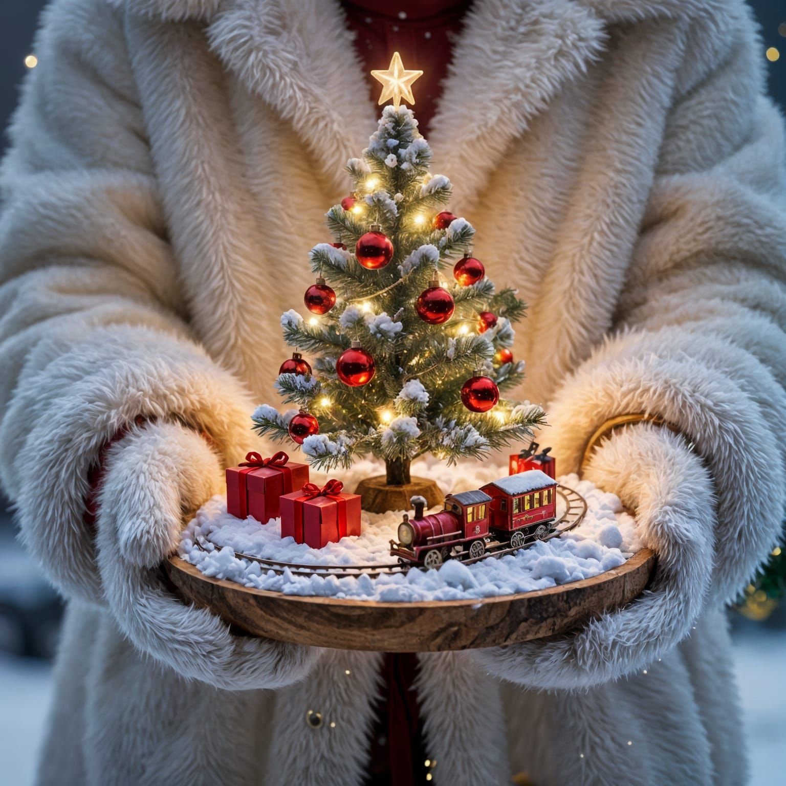 Fantasy Christmas Scene Held in Human Hands