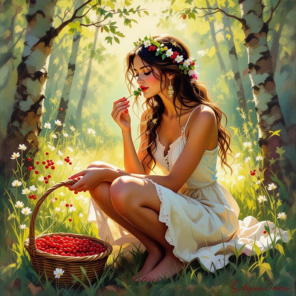 Herbal Girl Gathering Forest Goods as Impasto