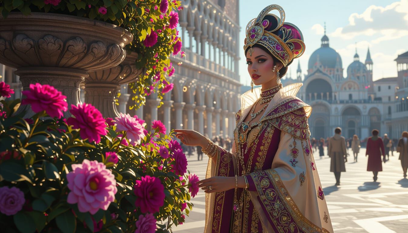 Holographic Venetian Trader in Art Nouveau Style