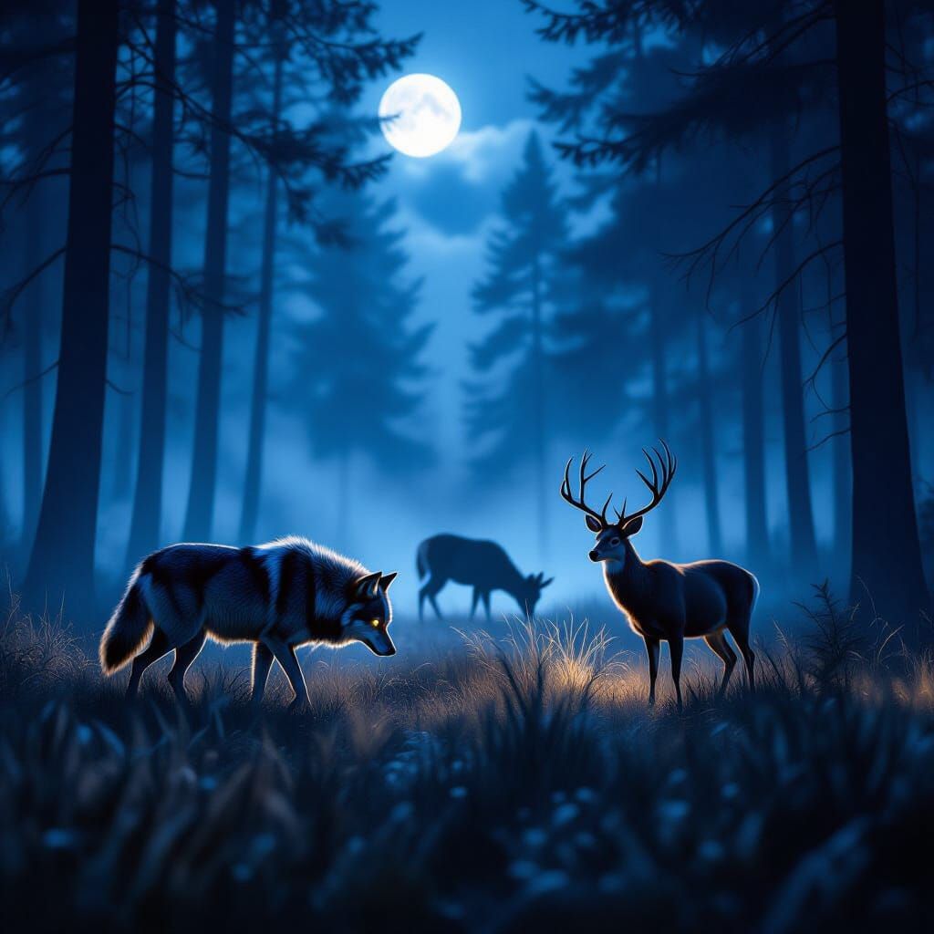 Wolf Pack Hunts Deer in Ethereal Moonlit Forest