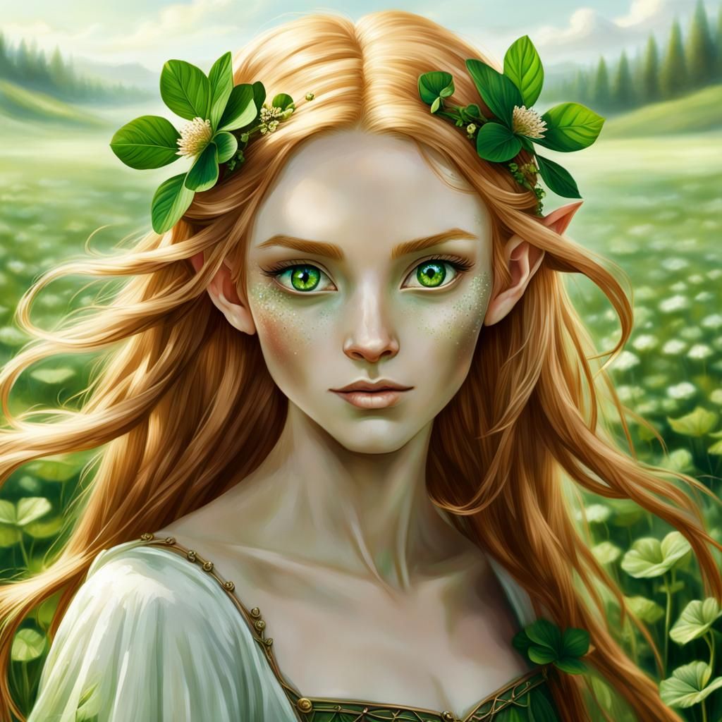 Barefoot Elven Girl in Clover Field
