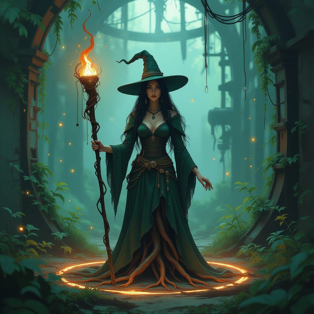 Ironroot Witch in Nature-Reclaimed Factory Digital Painting