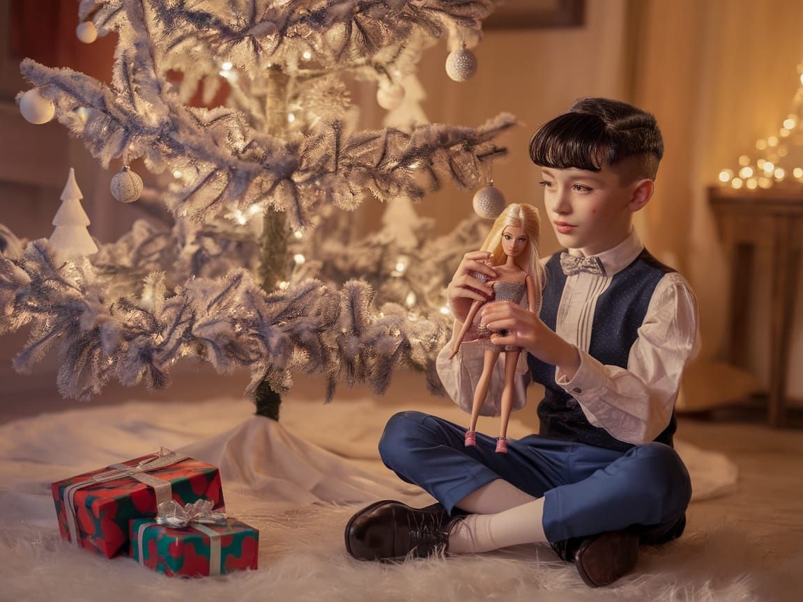 Whimsical Boy in Formal Attire Plays with Barbie Doll in Coz...
