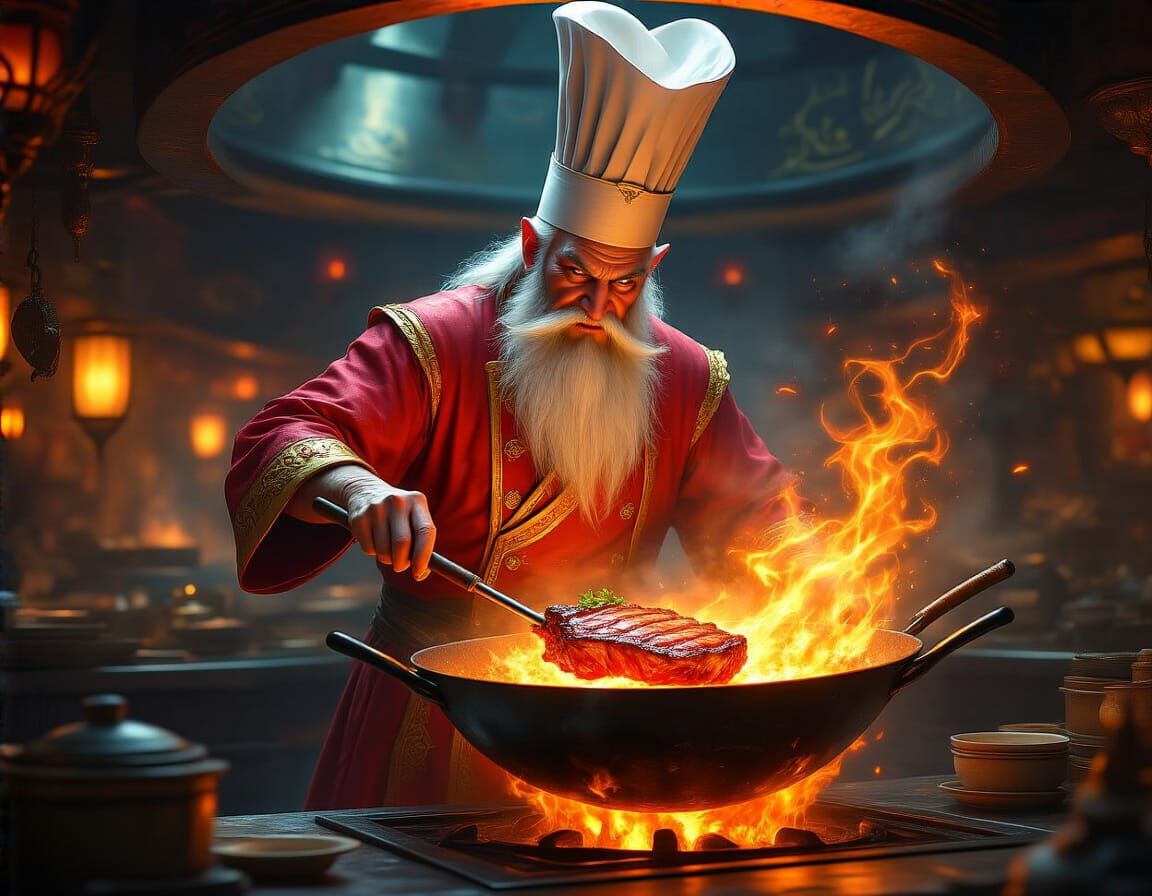 Wizard Chef Stir-Fries Dragon Steaks in Magic Wok Kitchen