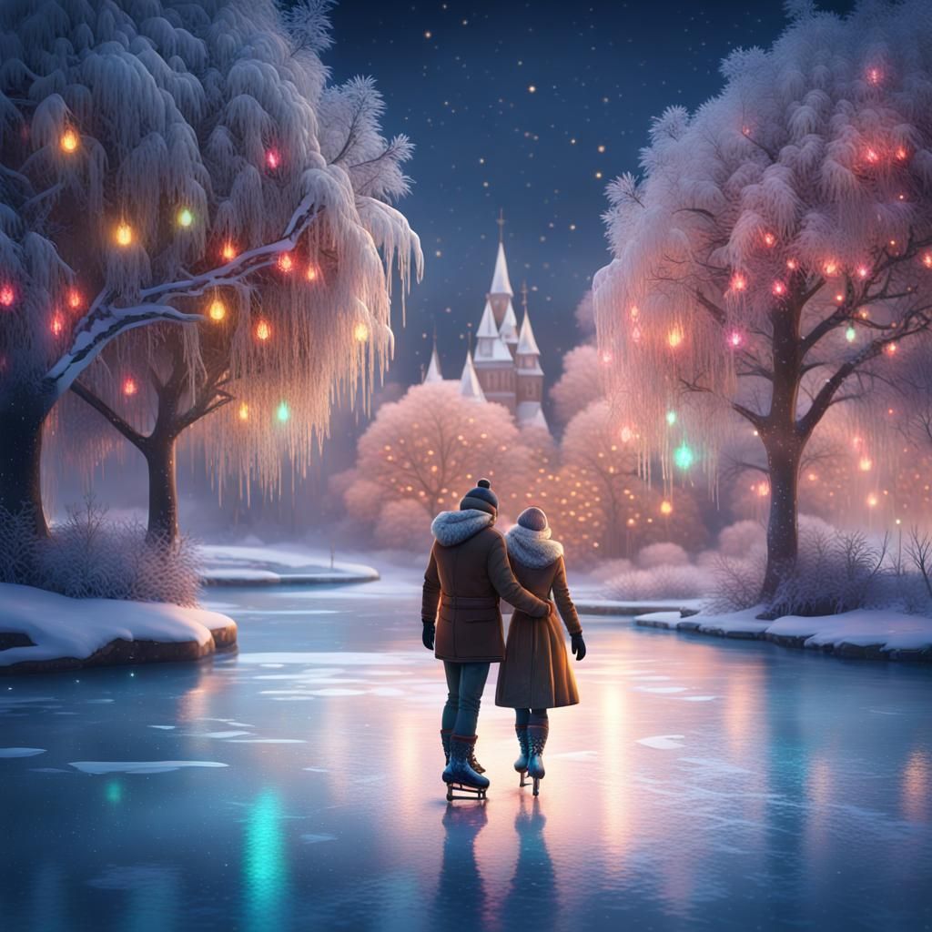 Festive Winter Night Ice Skating Scene in Matte Painting Sty...