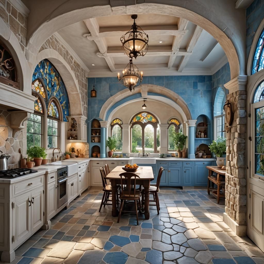 Italianate Cottage Kitchen with Stone Arches