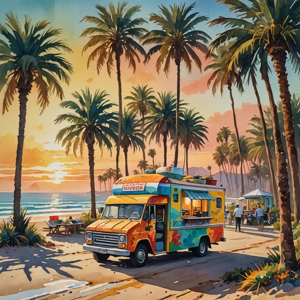 Burger Truck on California Beach as Gouache Painting