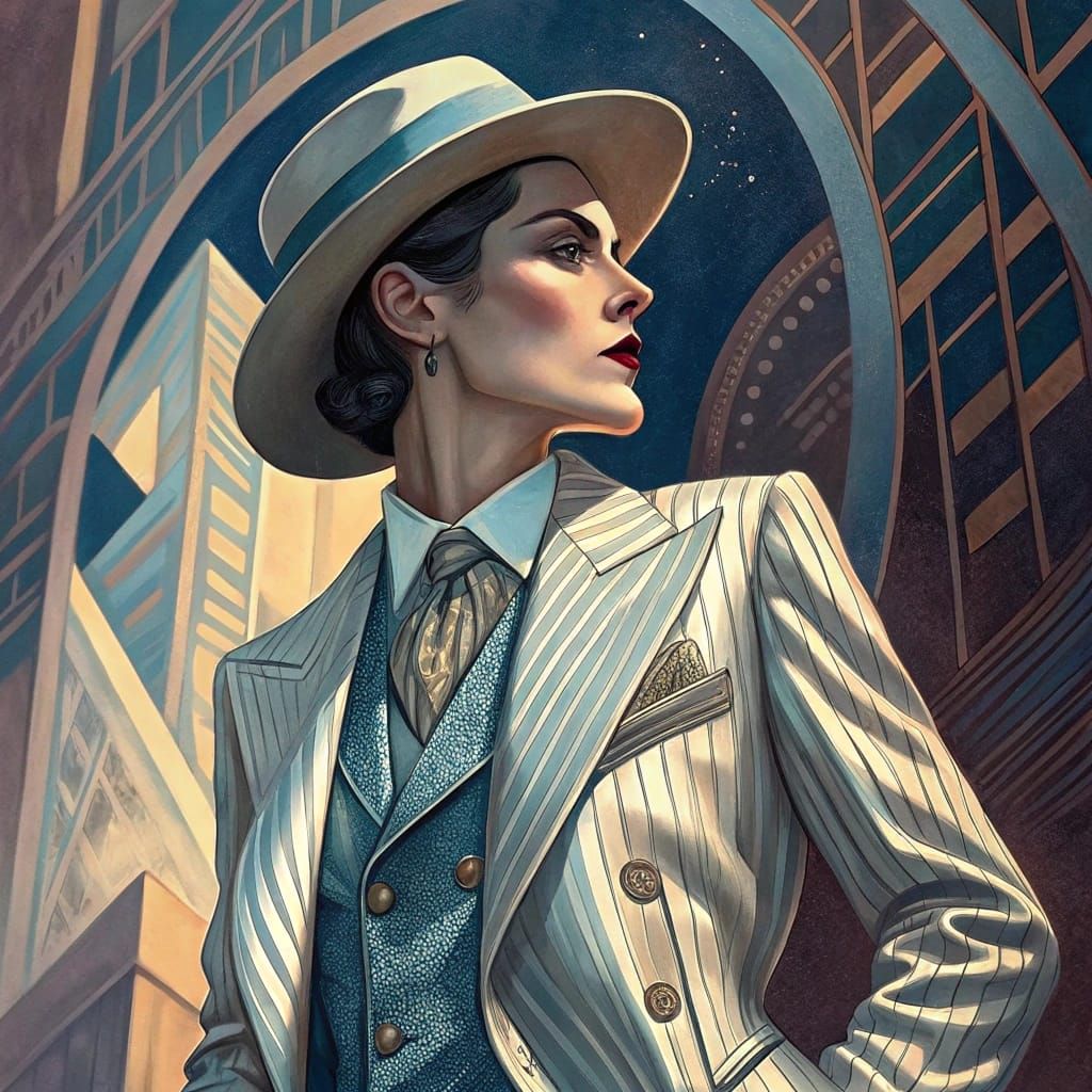 Confident Non-Binary Person in Zoot Suit: Art Deco Glamour