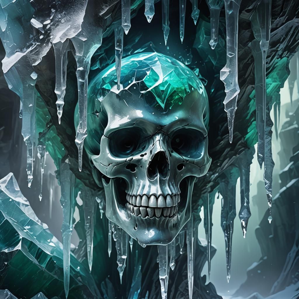 Icy Tears on a Crystal Skull in Frozen Cavern