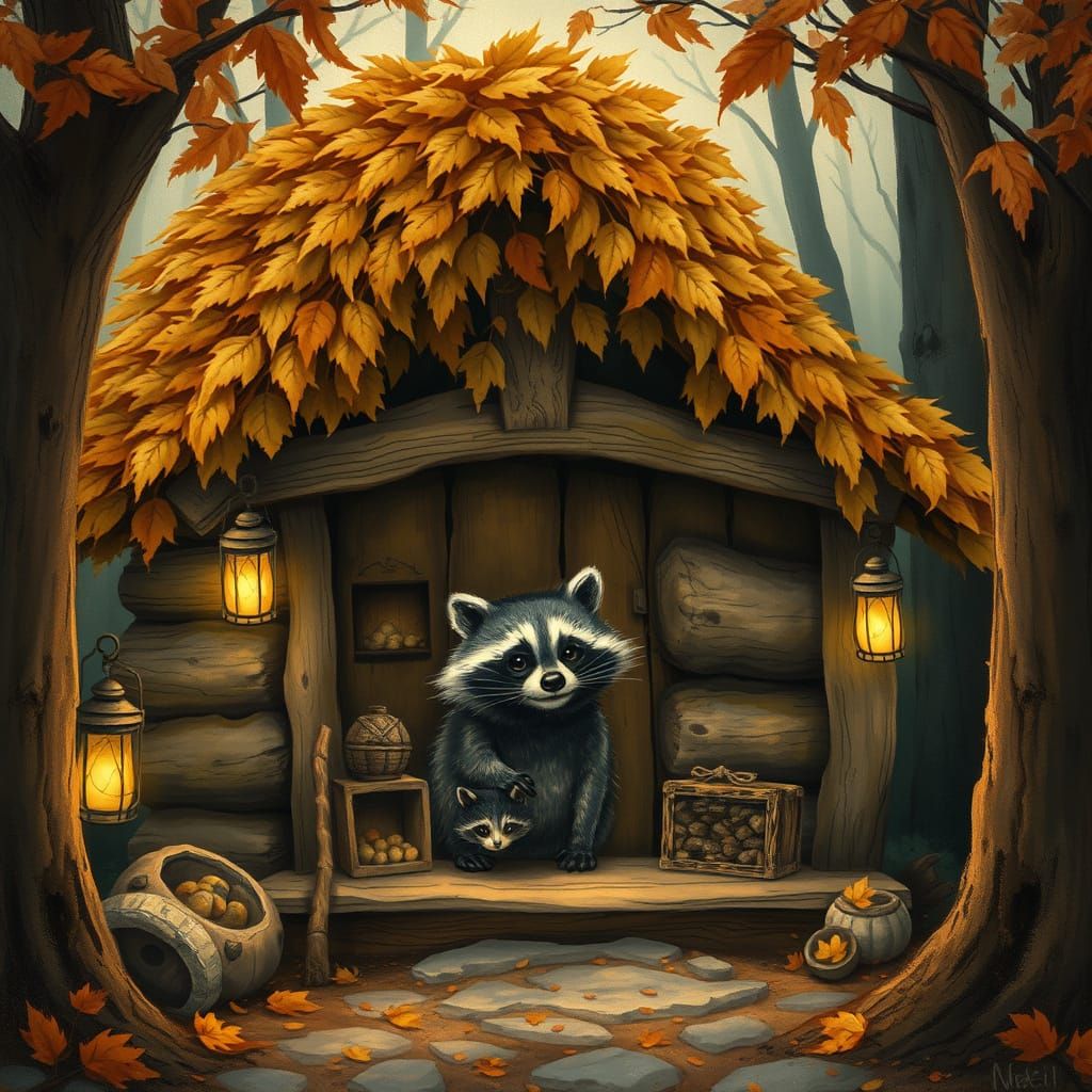 Cozy Raccoon Woodland Cabin in Autumn Light