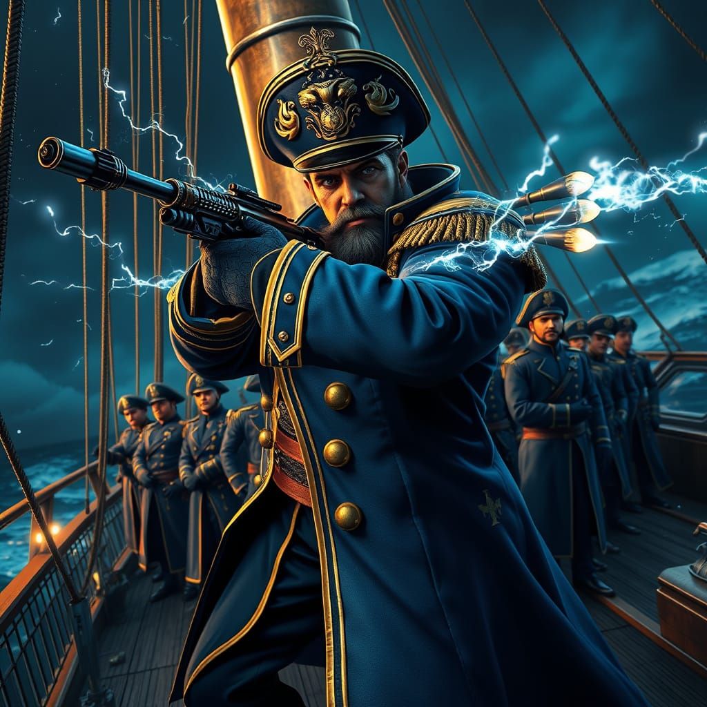 Captain Nemo Aims Electric Rifle on Nautilus Ship