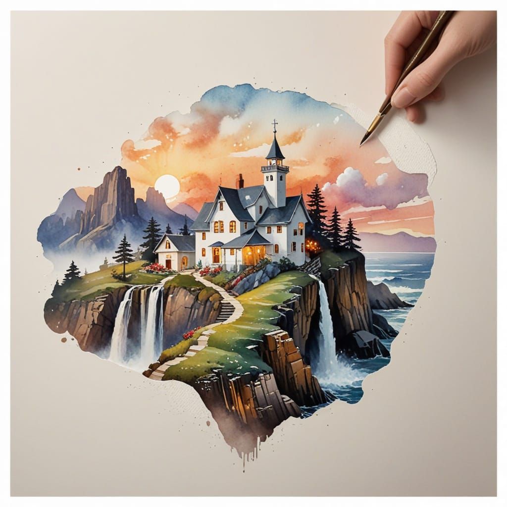 Watercolor Whimsy: Fantastical Village in Sunset Glow