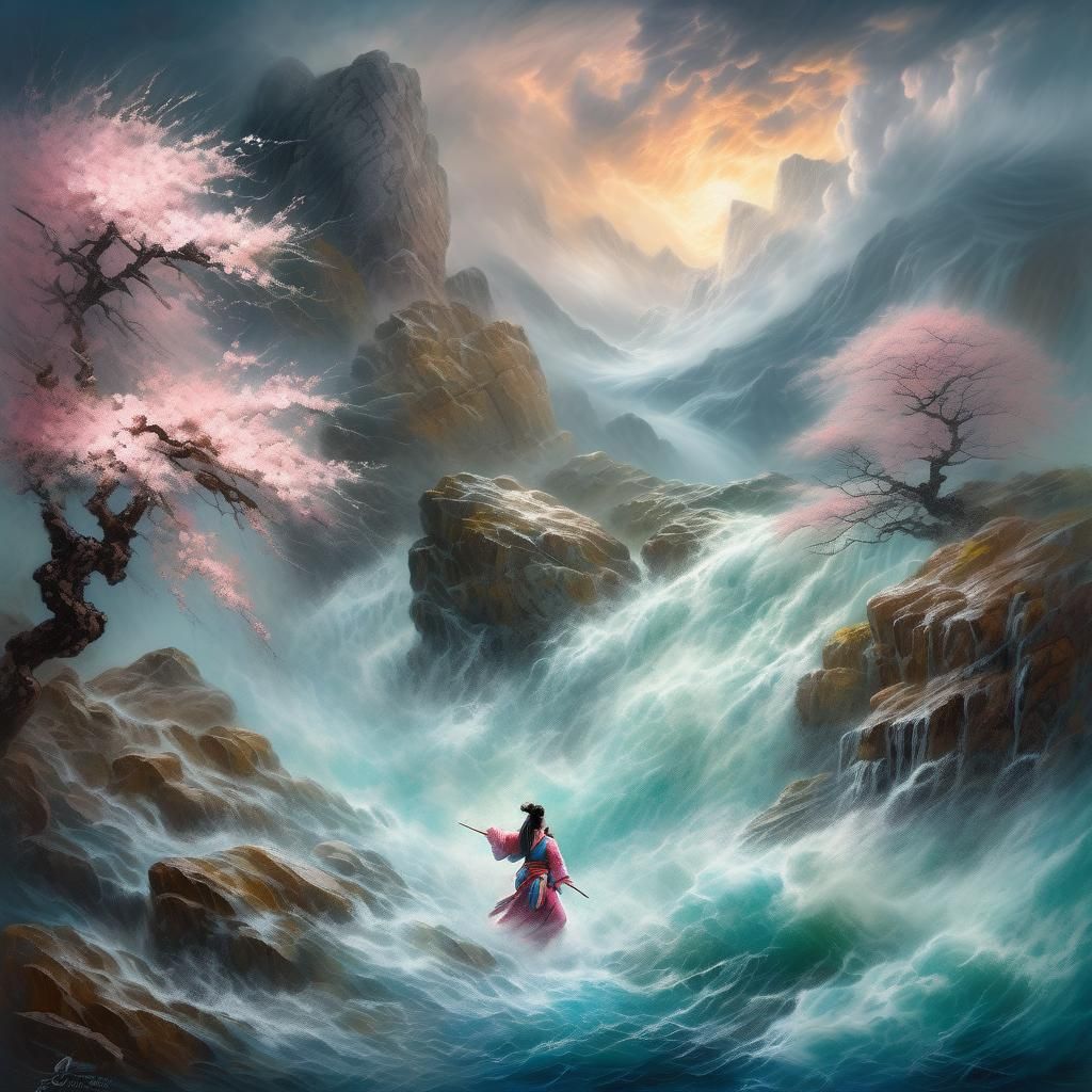 Warrior Woman in Stormy Waters, Romantic Seascape