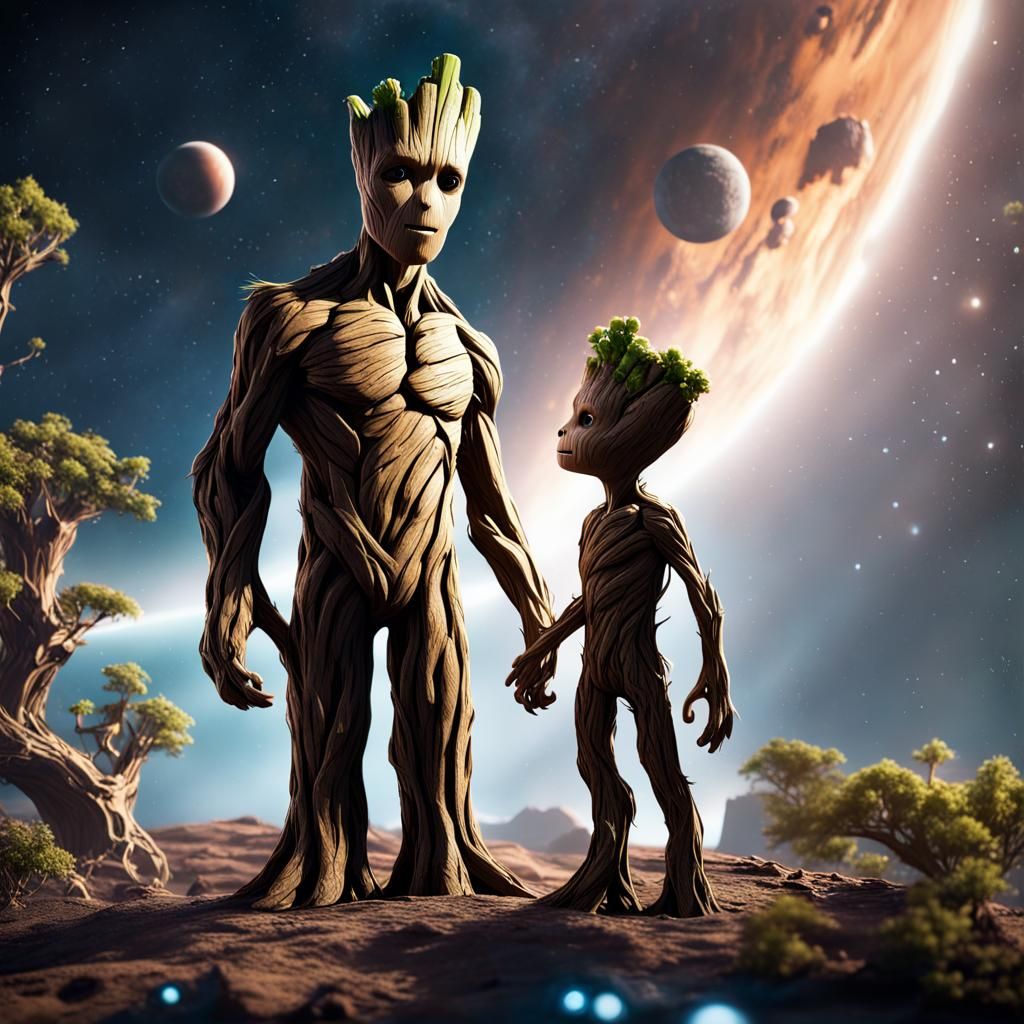 Groot and Baby Groot in Space with Money