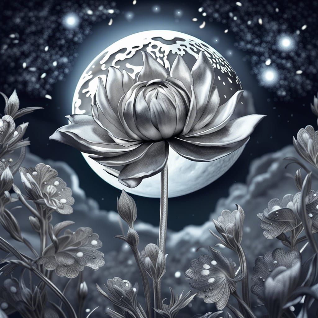 Silver Flower Under Starry Moonlit Sky