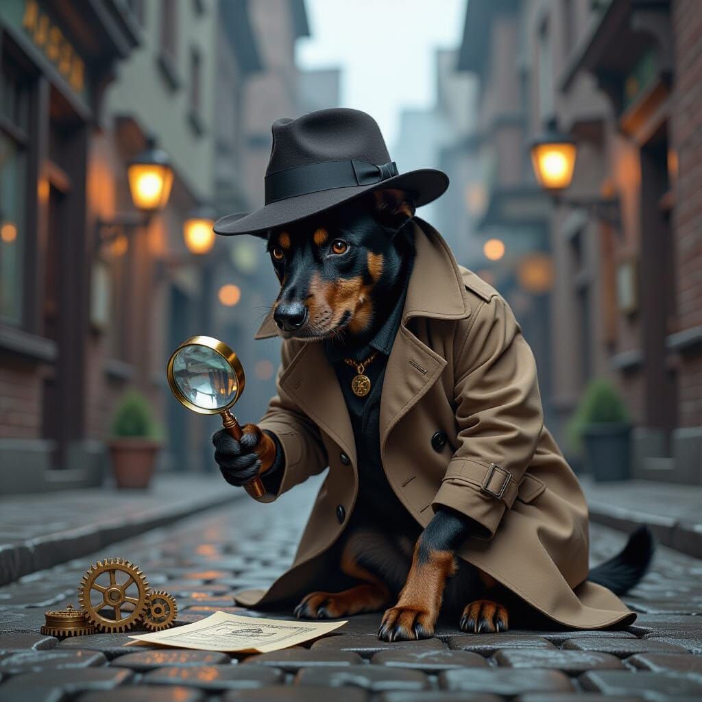German Pinscher Detective in Steampunk Scene