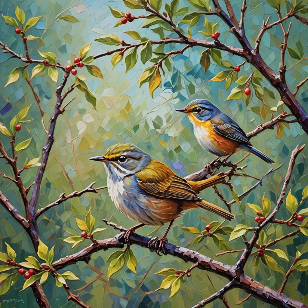 Bush-Warbler on Plum Tree in Expressionist Oil Painting