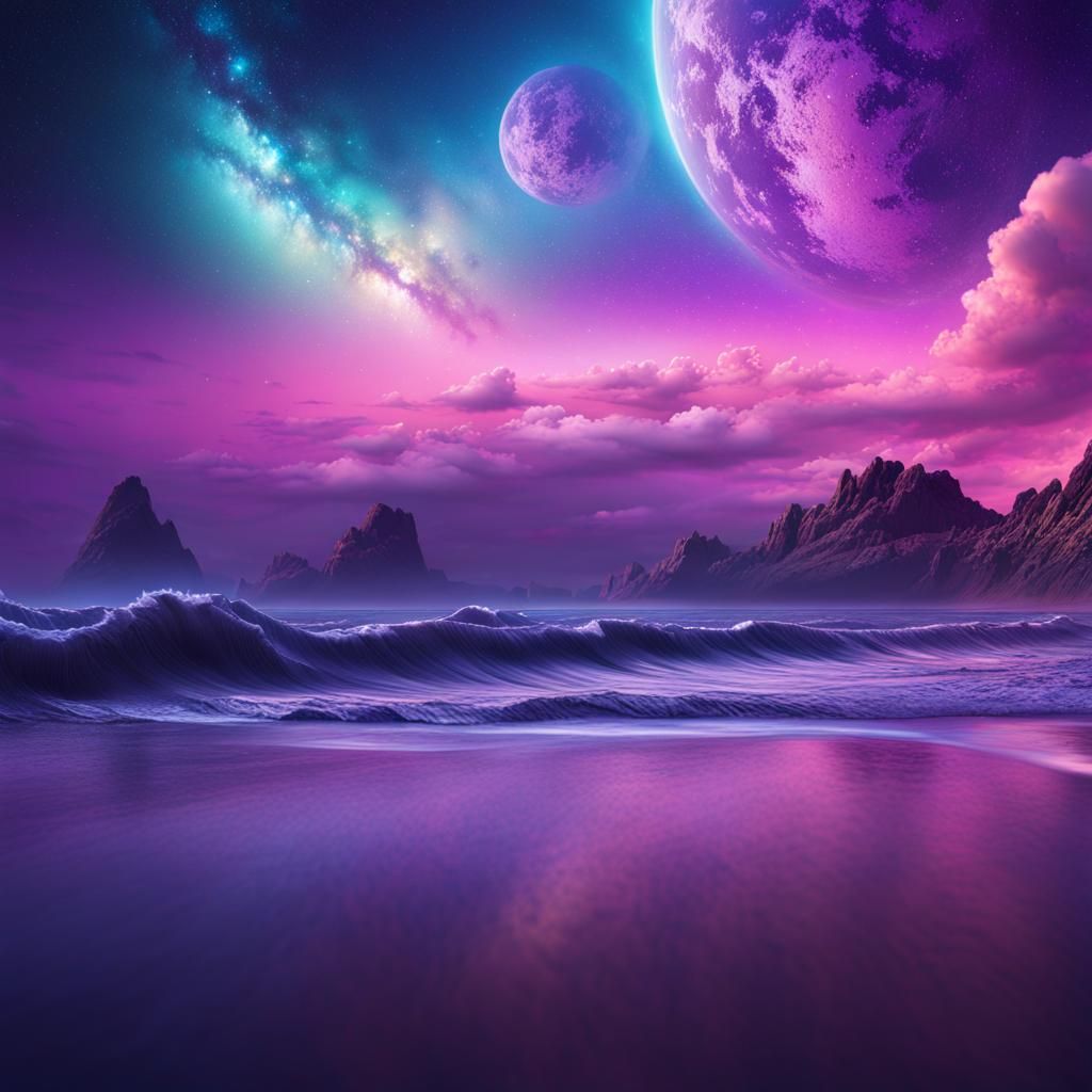 Epic Cosmic Beach Landscape at Night