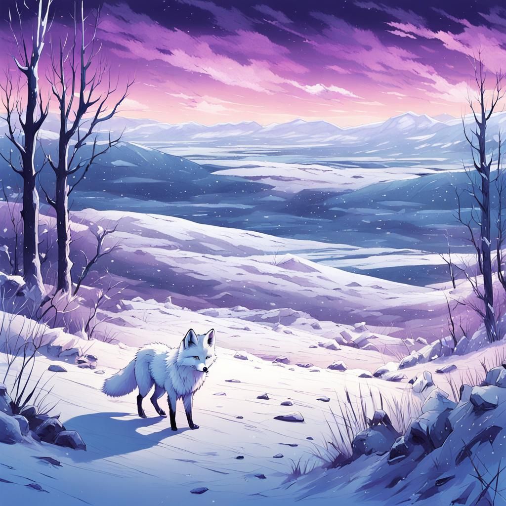 Surreal Anime Winter Wonderland of a Fluffy Fox in a Post-Ap...
