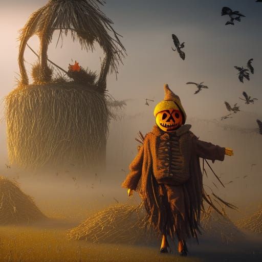Crow-Covered Scarecrow in Detailed Matte Painting Style