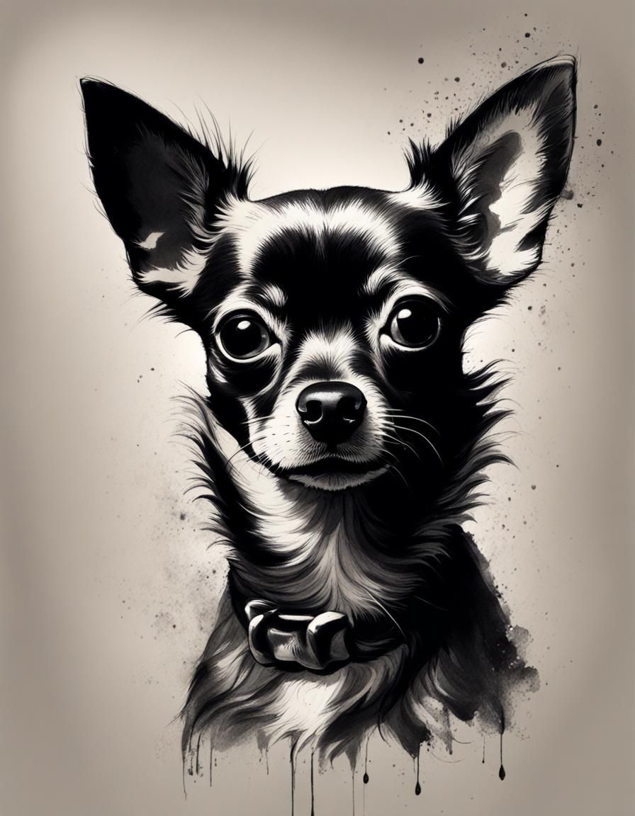 charcoal minimalist sketch of a chihuahua, proud, upright on...