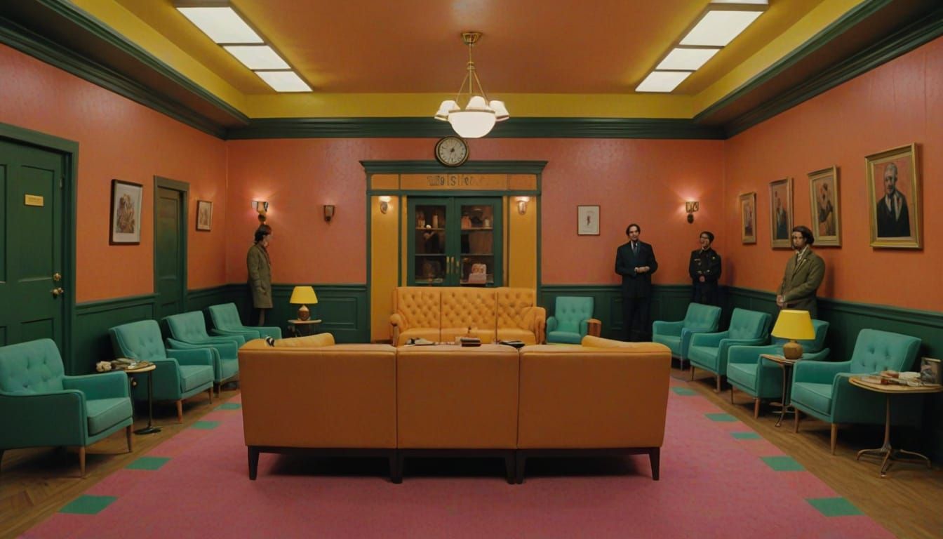 Ethereal Hellish Waiting Room in Vibrant Wes Anderson Style