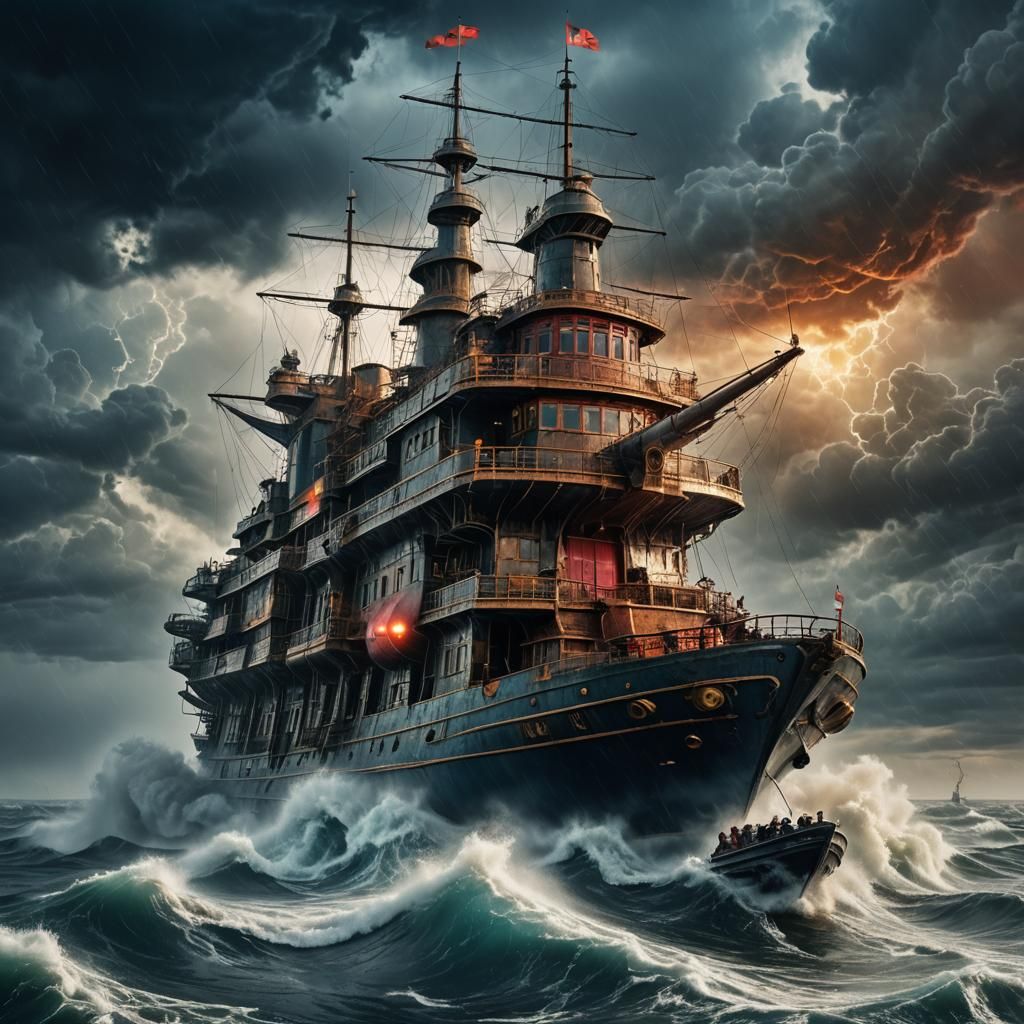 Dystopian Warship Houseboat on Raging Sea, Giger Style