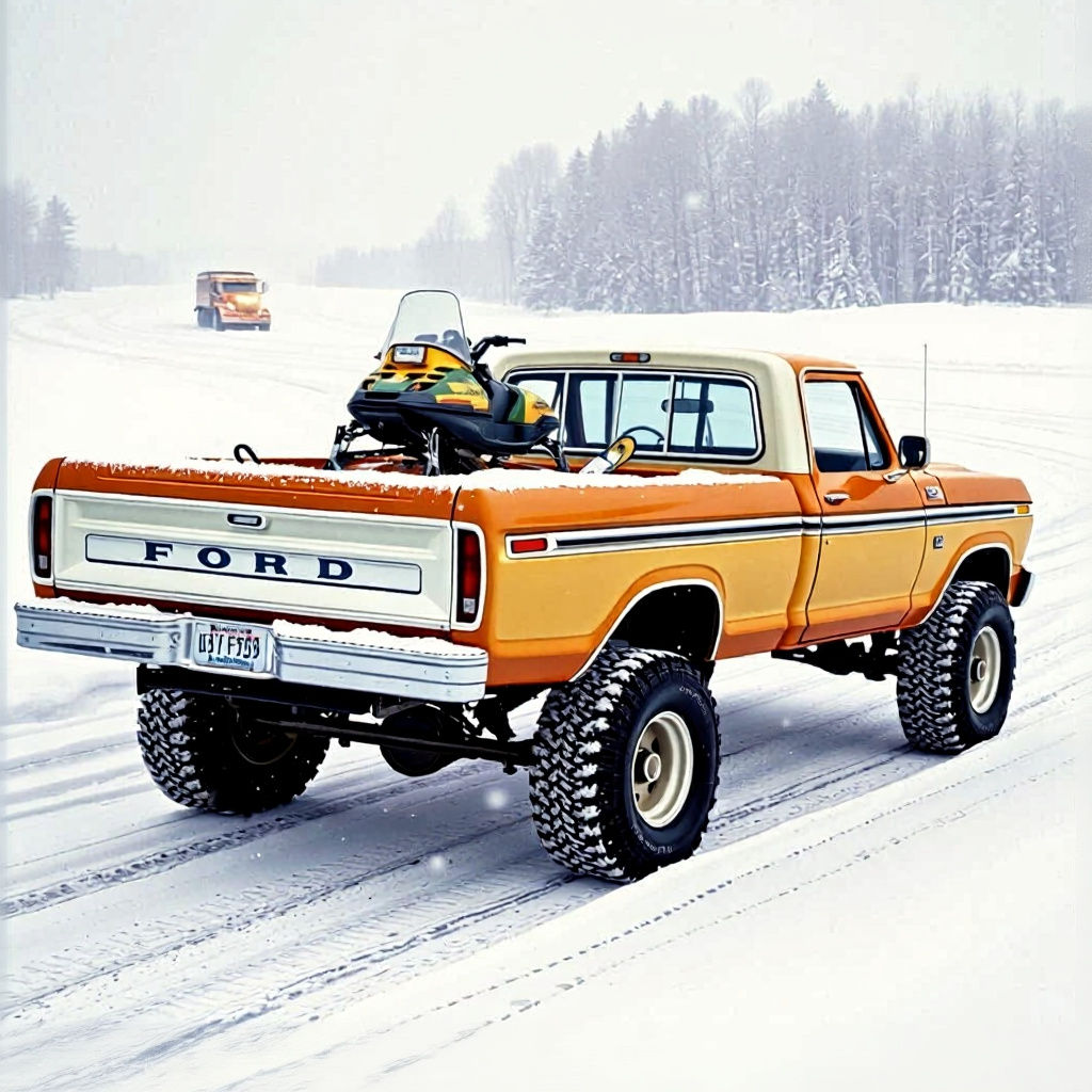 1978 Ford F-250 with Snowmobile in Winter
