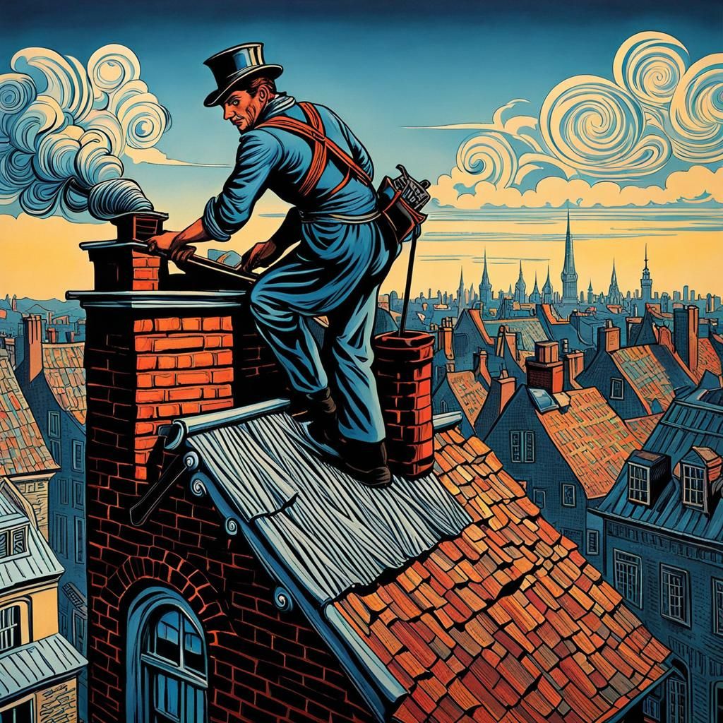 (((A chimney cleaner in 19th century gets out of a chimney on a rooftop. ))) , Zentangle Tamara de Lempicka in the style...