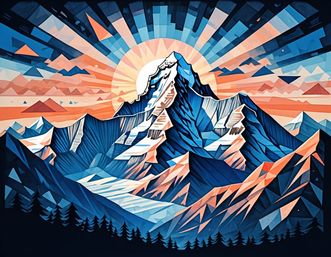 Mount Everest Sunrise in Low-Poly Woodblock Style