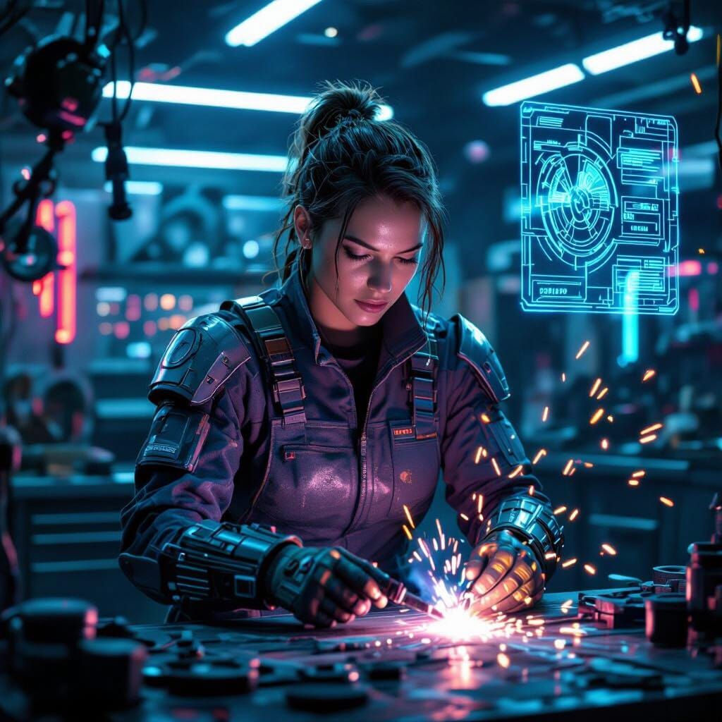 Valkyrie Mechanic in Gritty Cyberpunk Garage