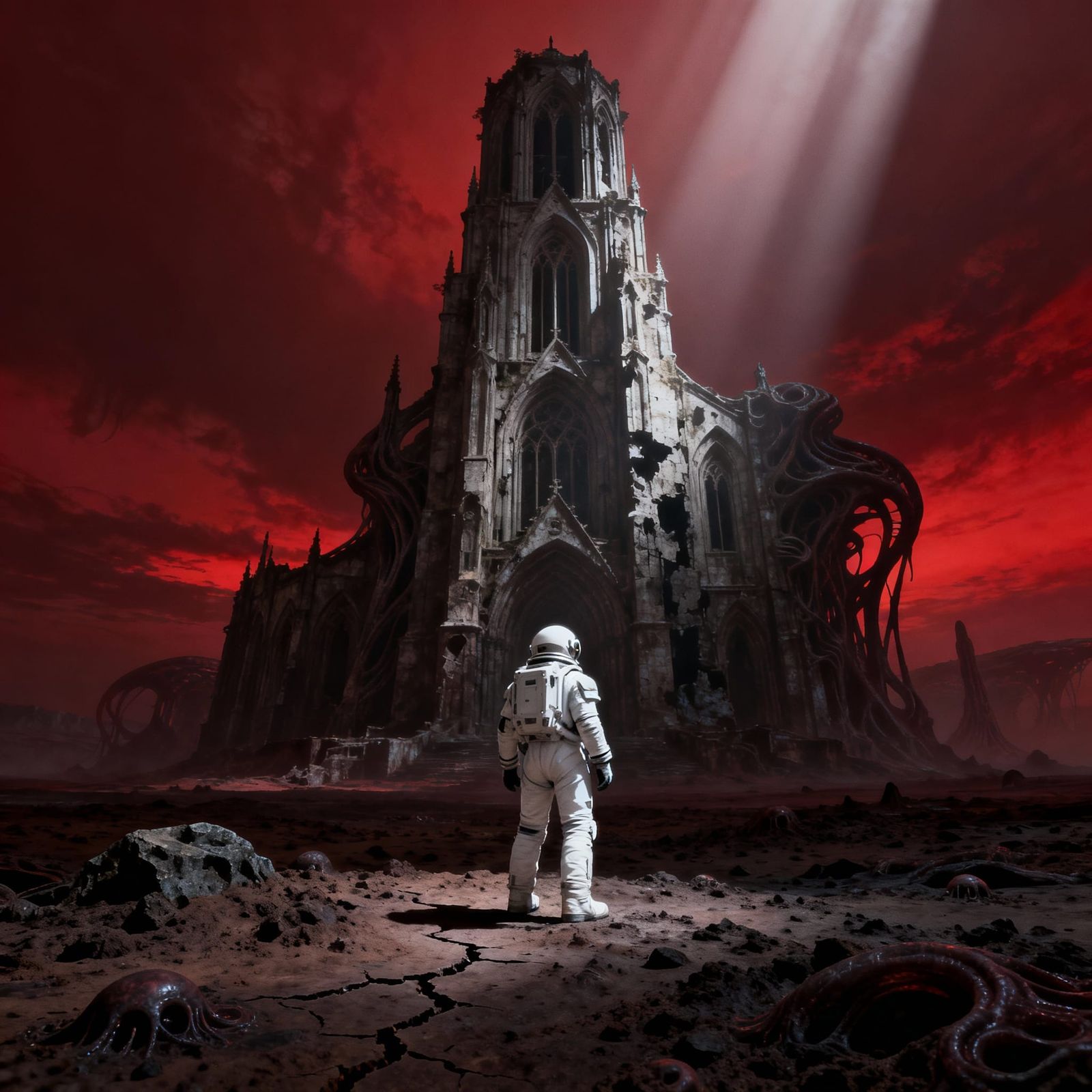 Astronaut Gazes at Alien Cathedral on Desolate Planet