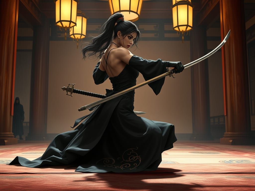 Elegant Warrior in Midnight Regalia, Ready for Battle