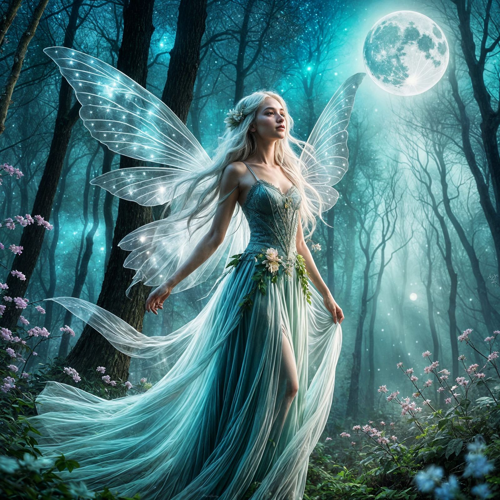 Moonlit Fairy in Forest, Digital Art