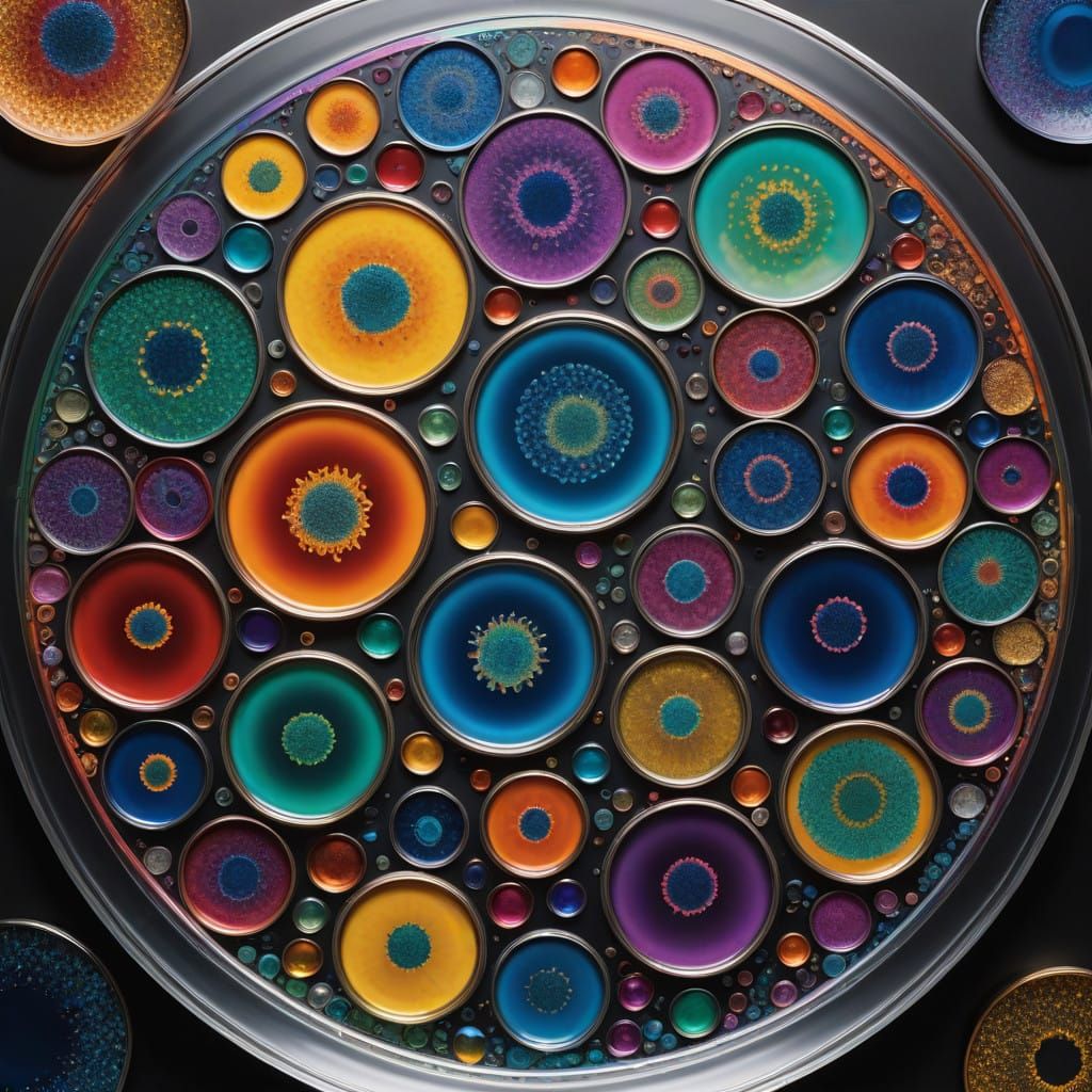 Vibrant Iridescent Bacteria Colonies in a Laboratory Petri D...