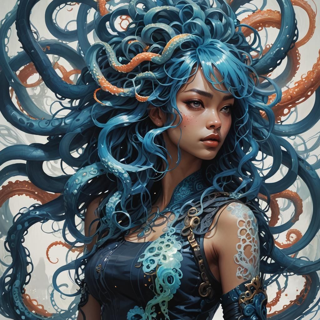 Girl with Tentacle Hair in Gouache Painting Style