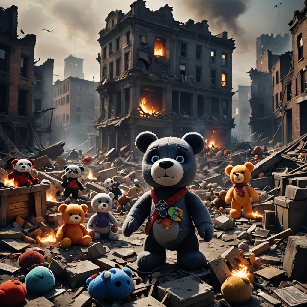 Stuffed Toys Battle in Dystopian Cityscape