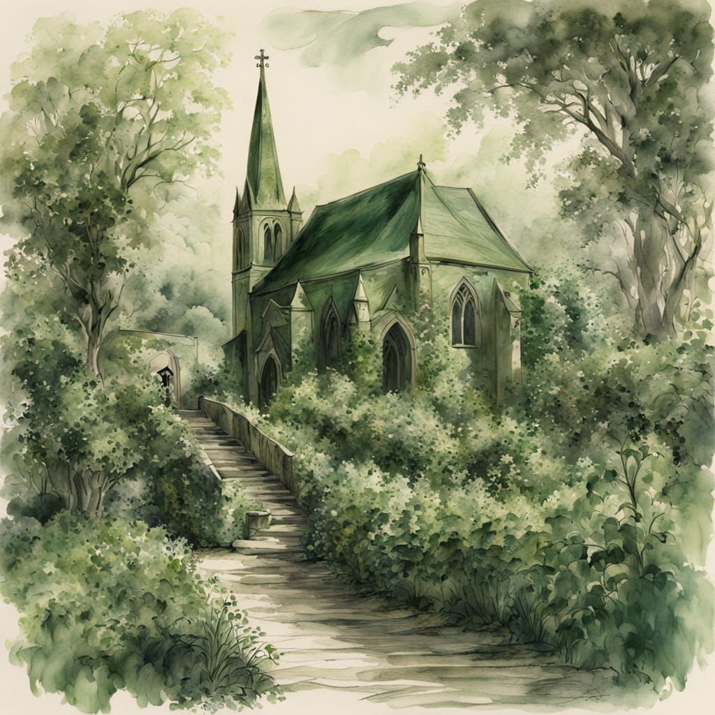 Idyllic Vineyard Church in Monochromatic Green Ink