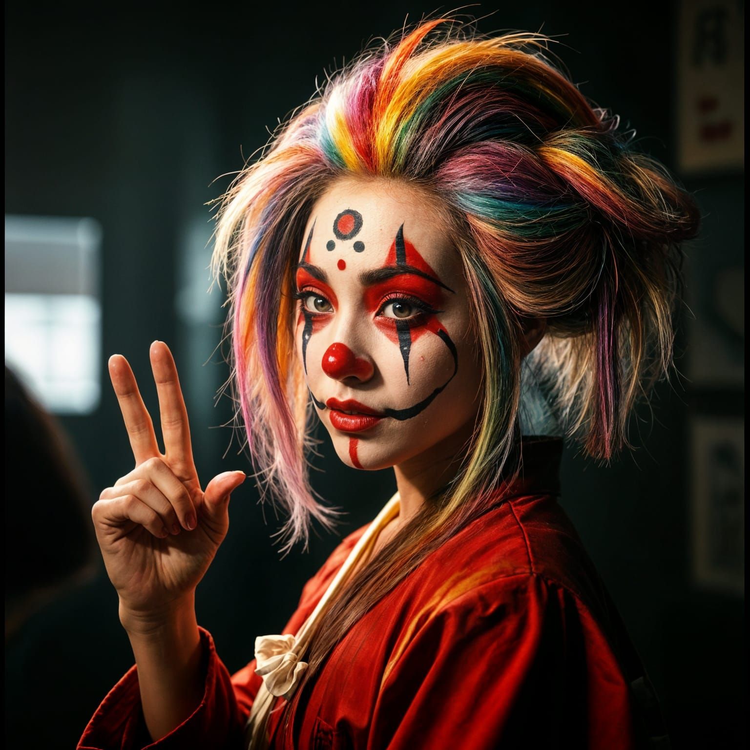 Japanese Female Clown in Vibrant Rainbow Hair, Dramatic Face...