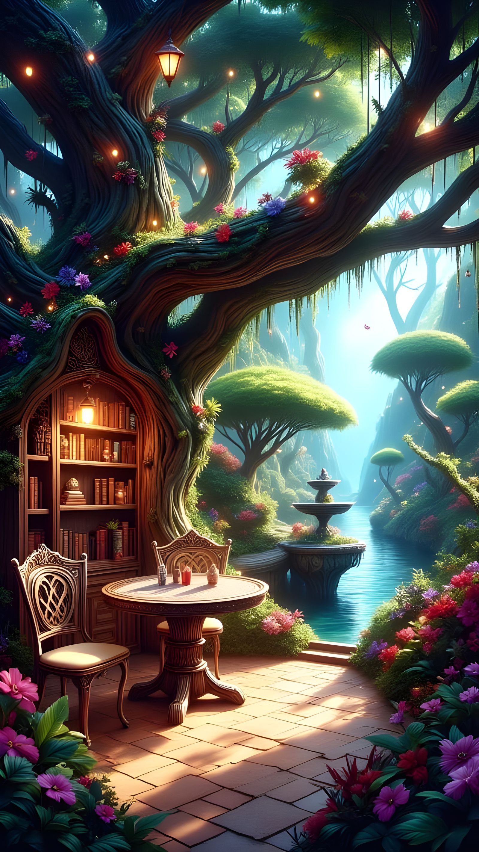 Enchanted Forest Patio Scene in Whimsical Cartoon Style