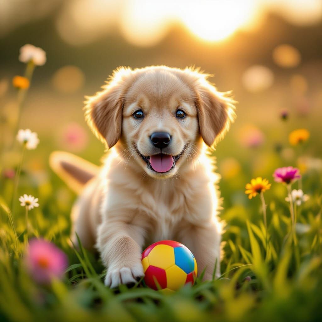 Golden Retriever Puppy in Sun-Drenched Wildflower Meadow